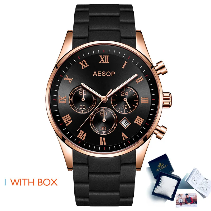 Black with box AESOP мужские спортивные часы из розового золота, мужские наручные часы, мужские часы с силиконовым и легированным ремешком, кварцевые наручные часы, мужские часы - Цвет: Black with box