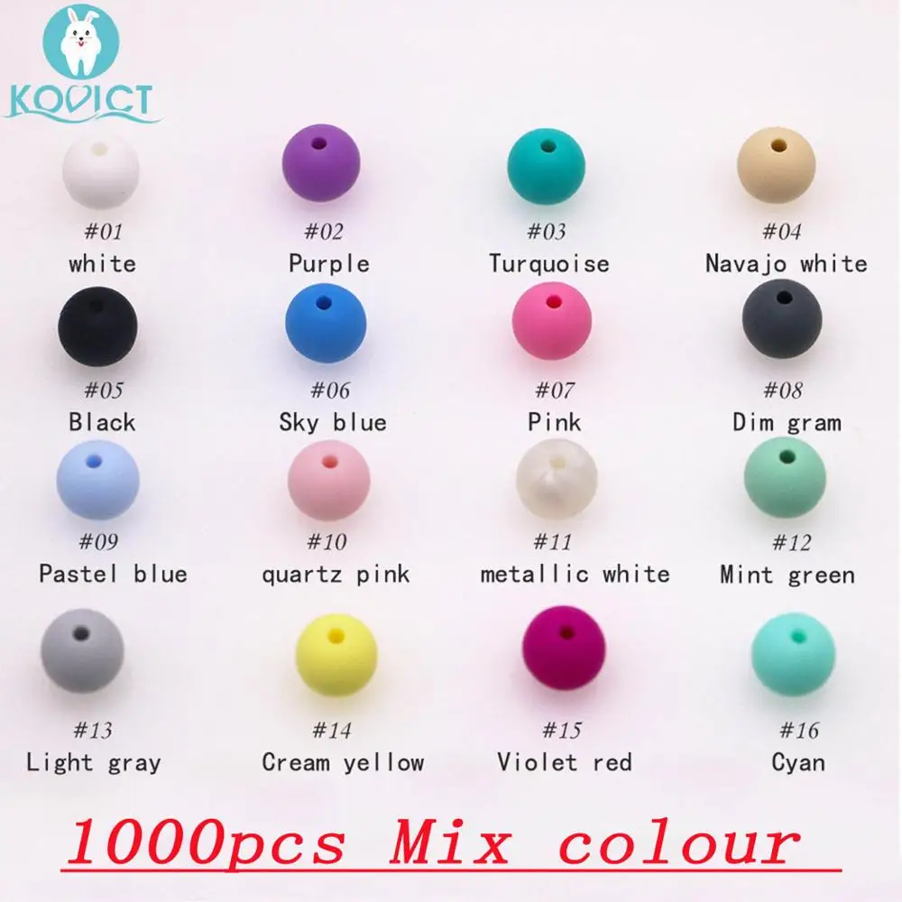 1000pcs Mix color Kovict 100/200/500/1000 шт. Силиконовые Круглые бусины 12 мм, Фурнитура для бижутерии, соски с цепочкой, подарок для новорожденных Круглый Силиконовый Прорезыватель для зубов из бусин для Цепочки и ожерелья - Цвет: 1000pcs Mix color
