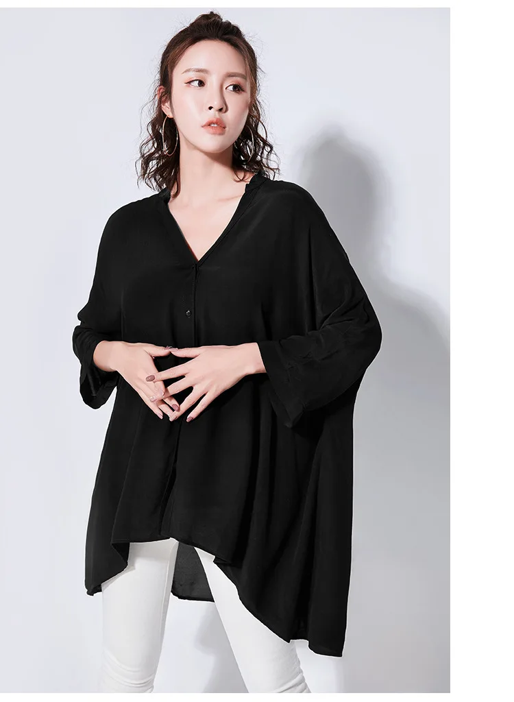 Hongsonghan Simple black color three quarter batwing sleeve tops 2018 Summer V-collar shirts loose big size irregular blouse |