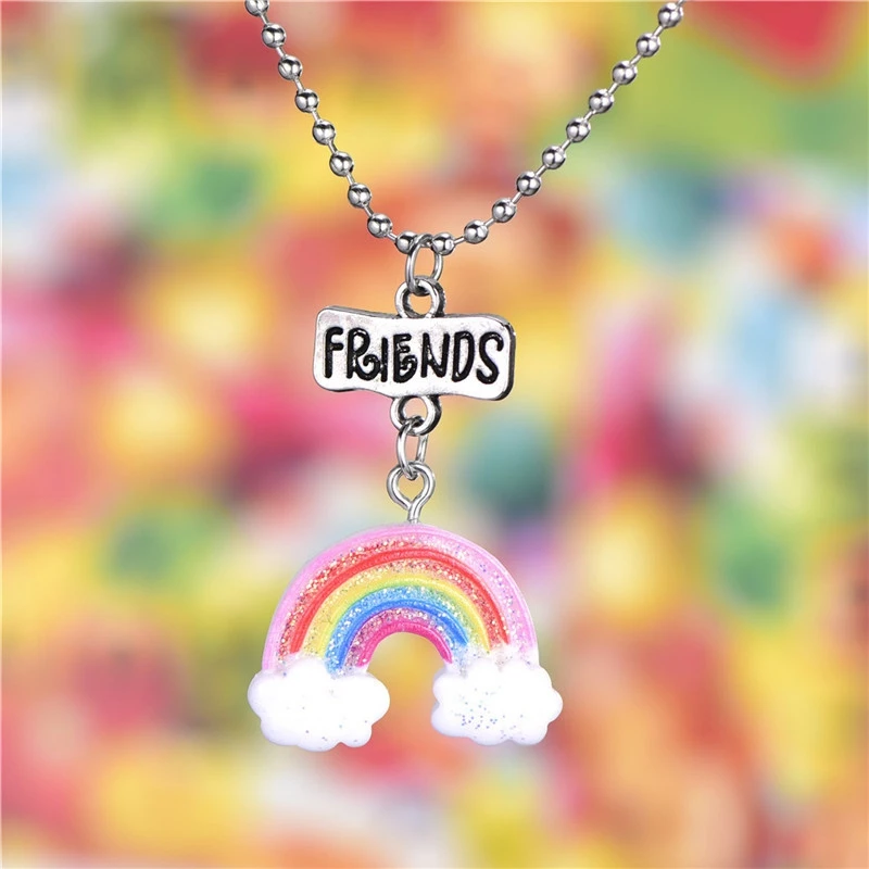 New Fashion 1set(2pcs) Resin 3-D Rainbow Pendant Best Friends Necklace BFF Chain Necklace Children Girl Jewelry Gift, TCN725