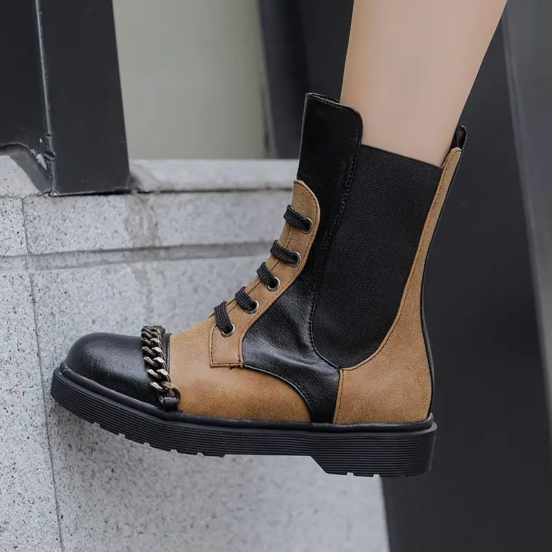 

EGONERY Cool women's Shoes Winter Casual Platform Thick Bottom Ankle Boots Mixed Color Punk Metal Chain Motorcycle Boots