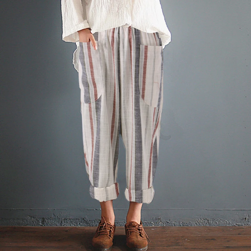 5XL мешковатые Pantalon, женские свободные длинные штаны, хлопковые льняные широкие штаны с карманами, женские повседневные Летние Осенние мешковатые штаны