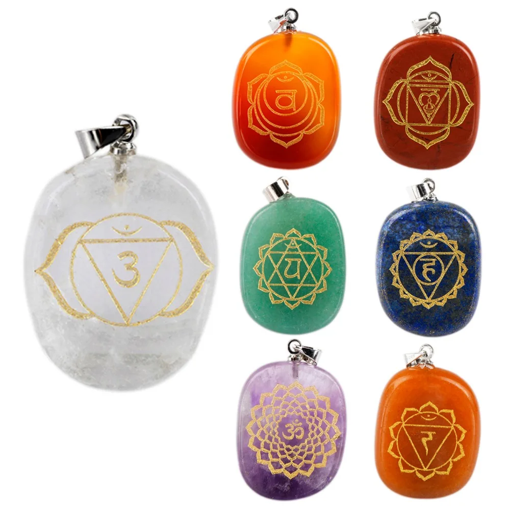 

TUMBEELLUWA 7 Chakra Stones With Symbols,Oval Shaped Spiritual Healing Reiki Crystal Pendant,Set of 7
