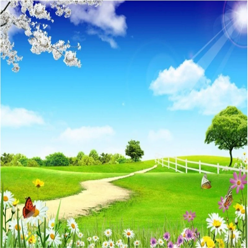 

Большие пользовательские обои beibehang, уличные пейзажи, голубое небо и белые облака, зеленый луг, дорога, персик, бабочки