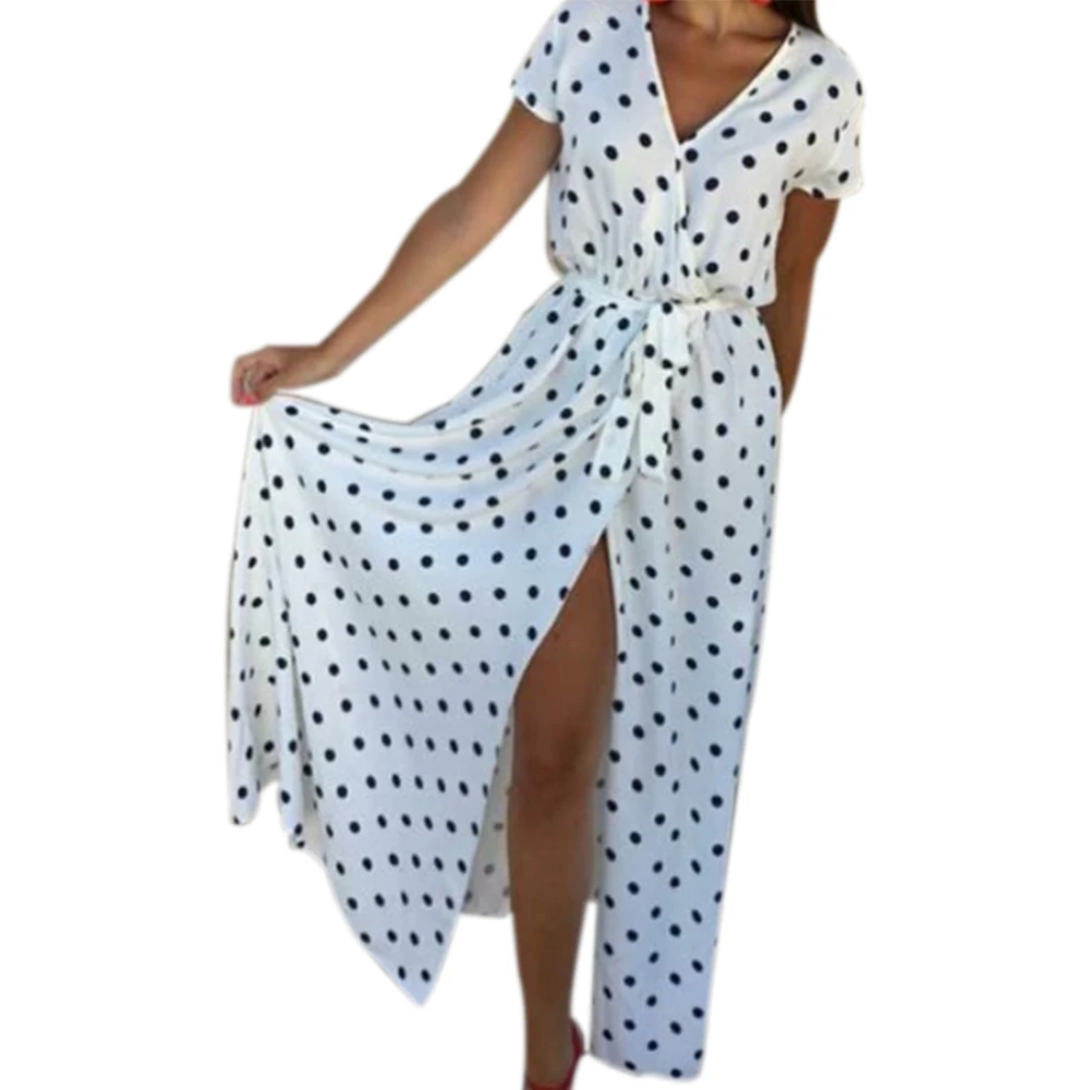 color 1 CALOFE Boho, в горошек, макси, длинное платье, женское, с разрезом, короткий рукав, летнее, повседневное платье,, уличная одежда, черное, макси платье, Vestidos - Цвет: color 1