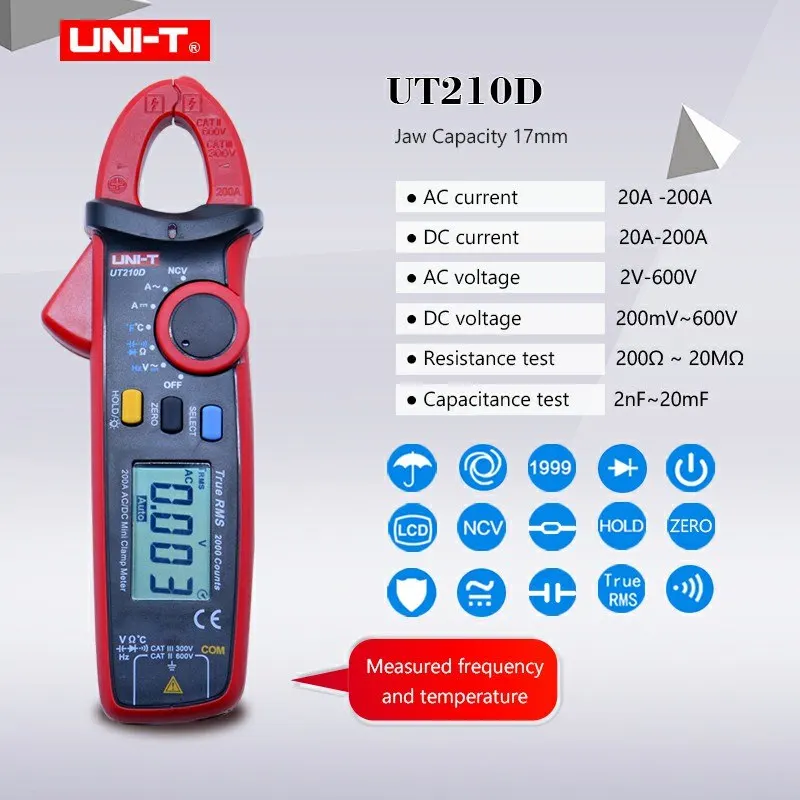 UT210D Цифровой клещи UNI-T UT210A/B/C/D/E AC DC измеритель напряжения тока True RMS мультиметр Емкость Сопротивление частоты тестер - Цвет: UT210D