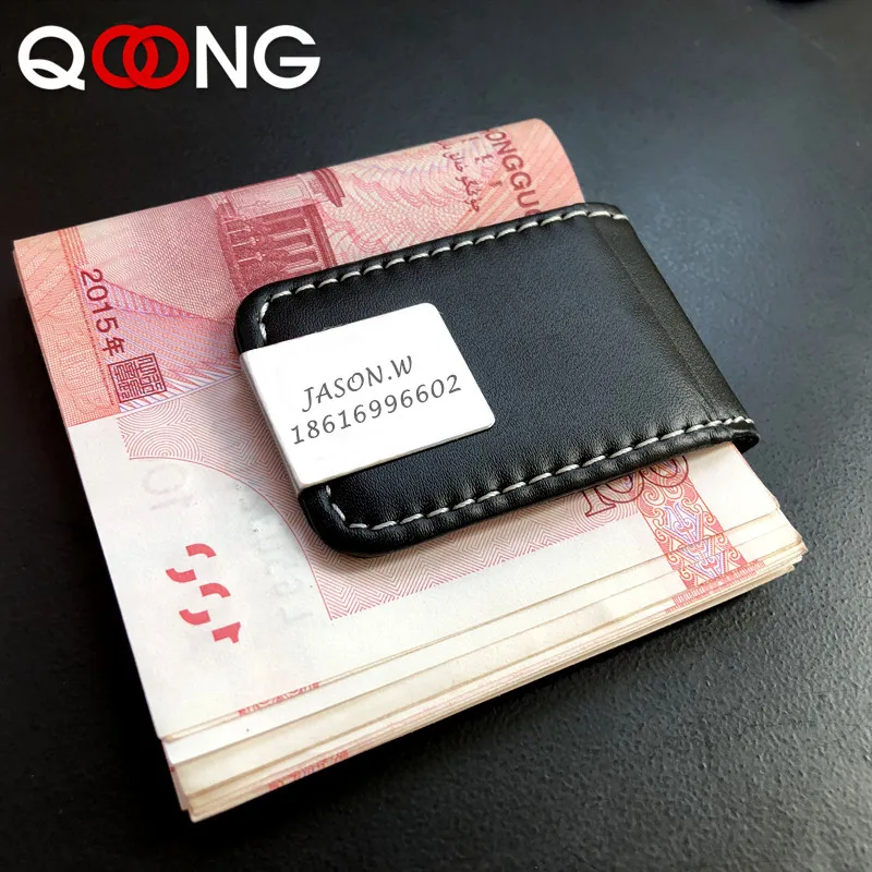 QOONG, лазерная надпись, Воловья кожа, зажим для денег, мужской кожаный магнитный Тонкий зажим для денег, кошелек, держатель для кредитных карт, ID, карманный ML1-001