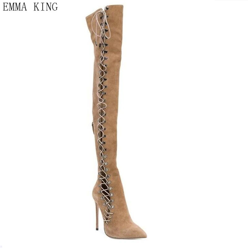 

Side Hollow Leather Women Over The Knee Boots Pointed Toe Cross-Tied High Heels Ladies Punk Gothic Shoes Woman Long Knight Boots