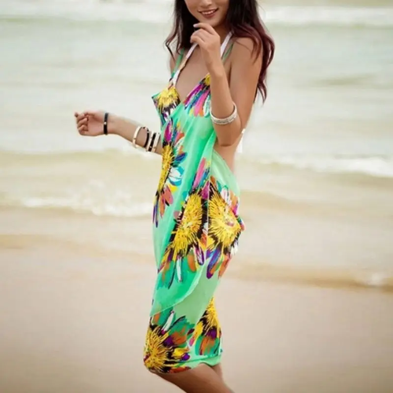 Womens Bohemian Spaghetti Strap Sexy V Neck Backless Bikini Cover Up Colored Sunflower Print Wrapped Beach Dress Bathing Suit|Женские