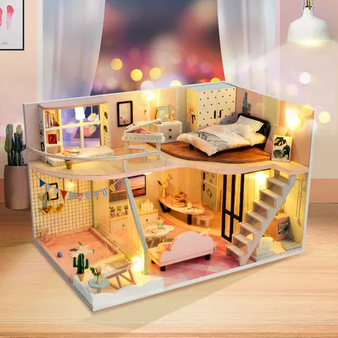 Мебель для кукольного домика «сделай сам», светильник-розовый Миниатюрный Кукольный домик, игрушки для детей, милый семейный дом, Casinha De Кукольный дом
