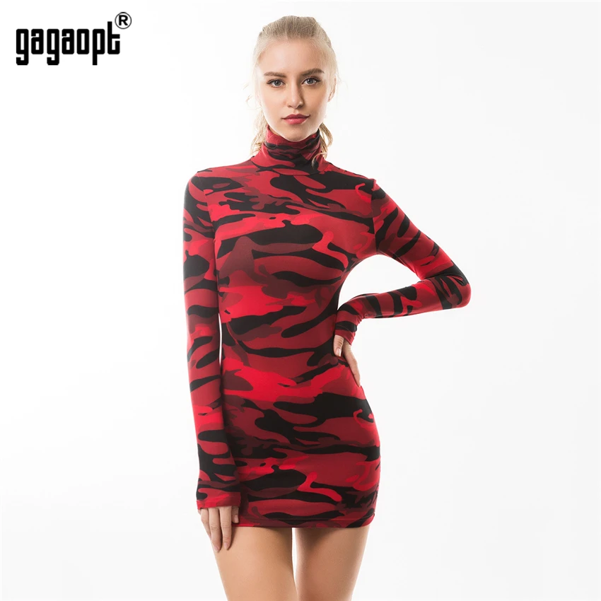 Gagaopt 2018 осеннее камуфляжное Платье женское стоячий воротник с длинным рукавом