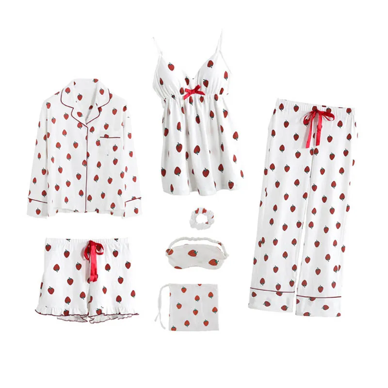 Женские пижамы из хлопка с принтом и длинными рукавами костюм семи предметов