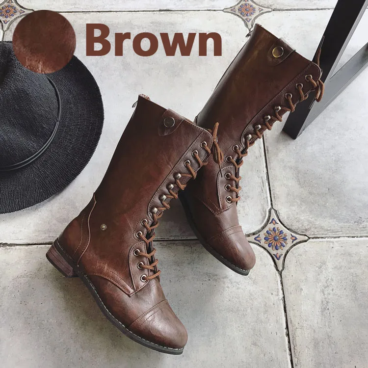 Brown Aphixta/женские ботинки женские зимние ботинки до середины икры черного цвета на квадратном каблуке, с круглым носком, на шнуровке, на молнии, в гладиаторском стиле большой размер 11 - Цвет: Brown