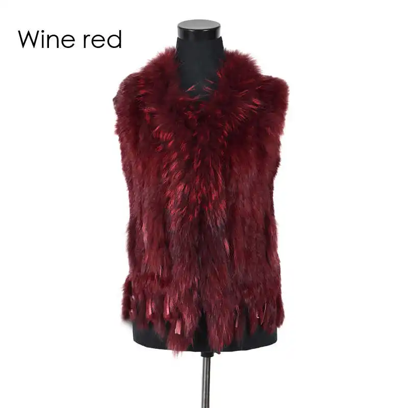 Wine red VR001-17,, женский жилет из натурального кроличьего меха с воротником из меха енота, жилет/куртки из кроличьего меха - Цвет: Wine red