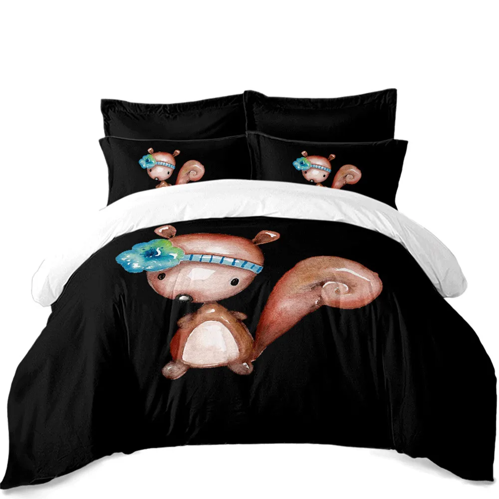 Cartoon Squirrel Print Bedding Set Cute Animal Duvet Cover Blue Flower Bed Kids Bedclothes Pillowcase Home Decor | Дом и сад