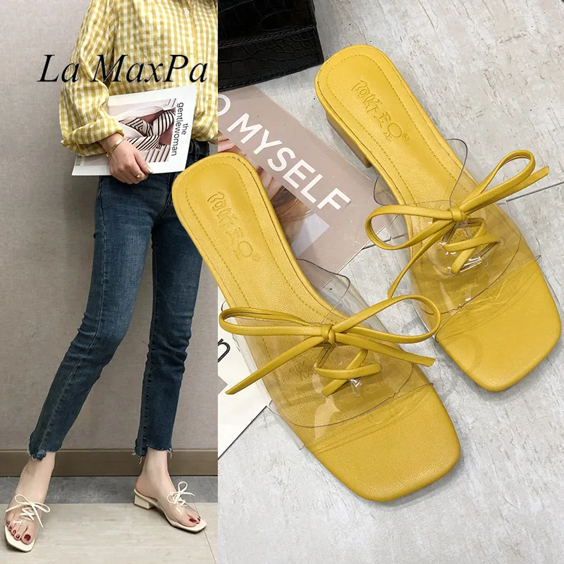 Женские прозрачные шлепанцы на высоком каблуке 3 см желтая прозрачная обувь