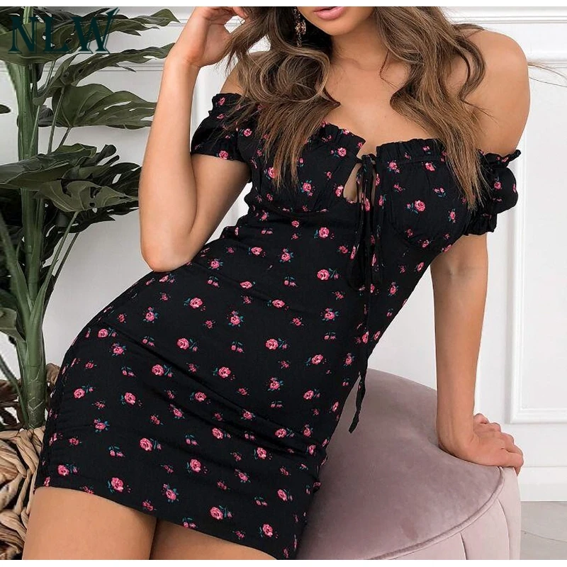 NLW кружево оборками Bodycon Вечерние Платье из набивной ткани мини сексуальное летнее платье с открытыми плечами Повседневное Feminino Платья Vestidos