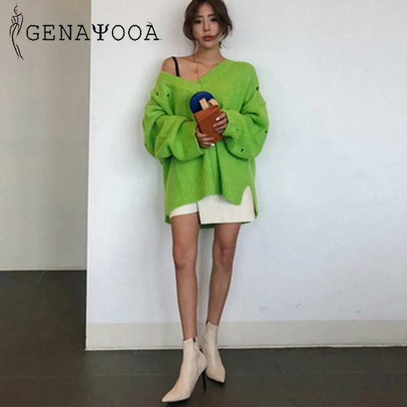 Genayua, осенне-зимний женский свитер, женский свитер с длинным рукавом, кашемировый свитер с v-образным вырезом размера плюс Jumper2019, корейский женский свободный пуловер