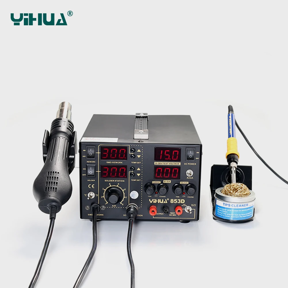 YIHUA 853D 5A 3 в 1 SMD DC источник питания горячий воздушный пистолет паяльник паяльная станция 110 В/220 В ЕС/США Разъем рабочая эффективность