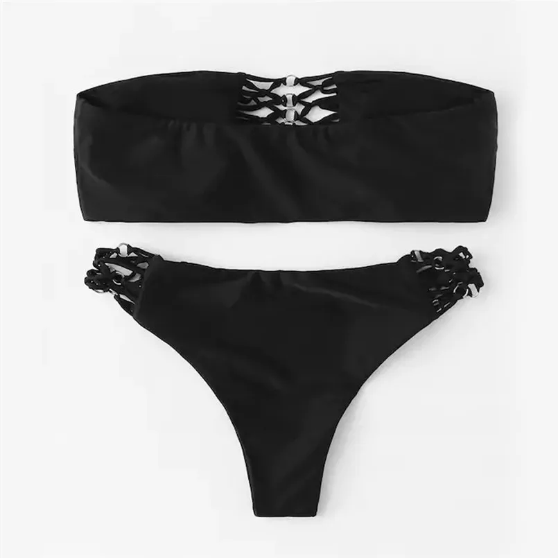Black strapless bodysuit solid color swimsuit push up padded bra bathing Set suit Beachwear 40fb21 | Женская одежда
