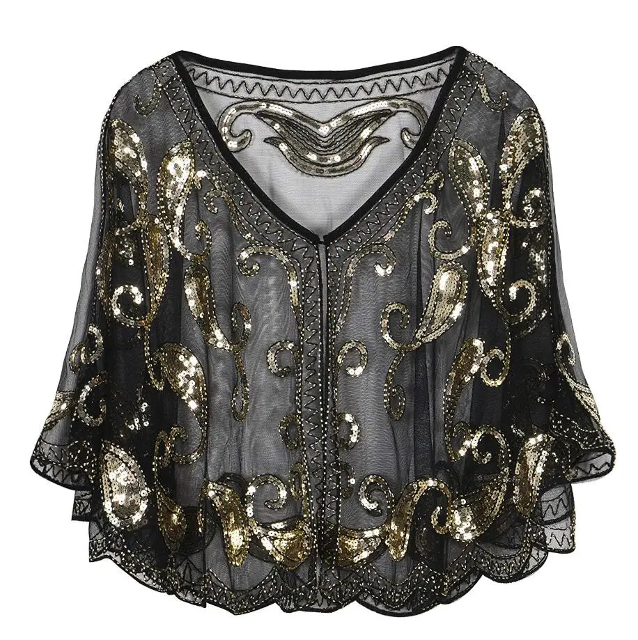 Black Gold JaneVini Blingbling расшитый блестками женский плащ вышитая бисером Свадебная кофта Болеро шаль черные Серебряные Блестки вечерние свадебные куртки палантин - Цвет: Black Gold