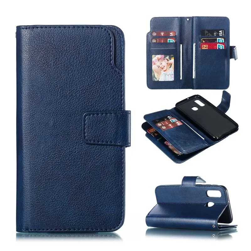 Blue Из искусственной кожи чехол для samsung Galaxy A70 A 10 20 30 40 50 60 70 S кожа+ Мягкий ТПУ 9 карт Слот для наличных Стенд Флип Чехол - Цвет: Blue