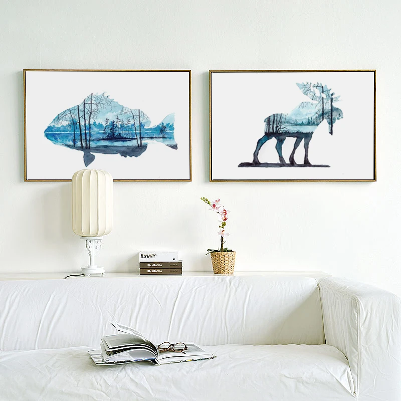 Абстрактная Акварельная животная перспектива лес рыба олень 07 г A4 A3 холст