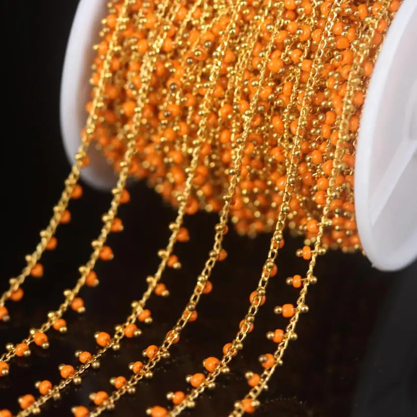 

5Meter/lot,Orange Tiny Cube Beads Rosary Chain,Glass Rondelle with Gold color Brass Wire Wrapped Women Sweater chains Jewelry