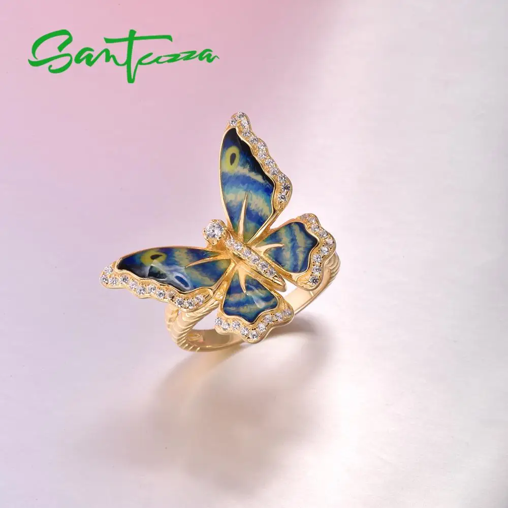 

SANTUZZA Silver Jewelry Set for Women 925 Colorful Enamel Butterfly Brooch Ring Set Party Fine Jewelry HANDMADE
