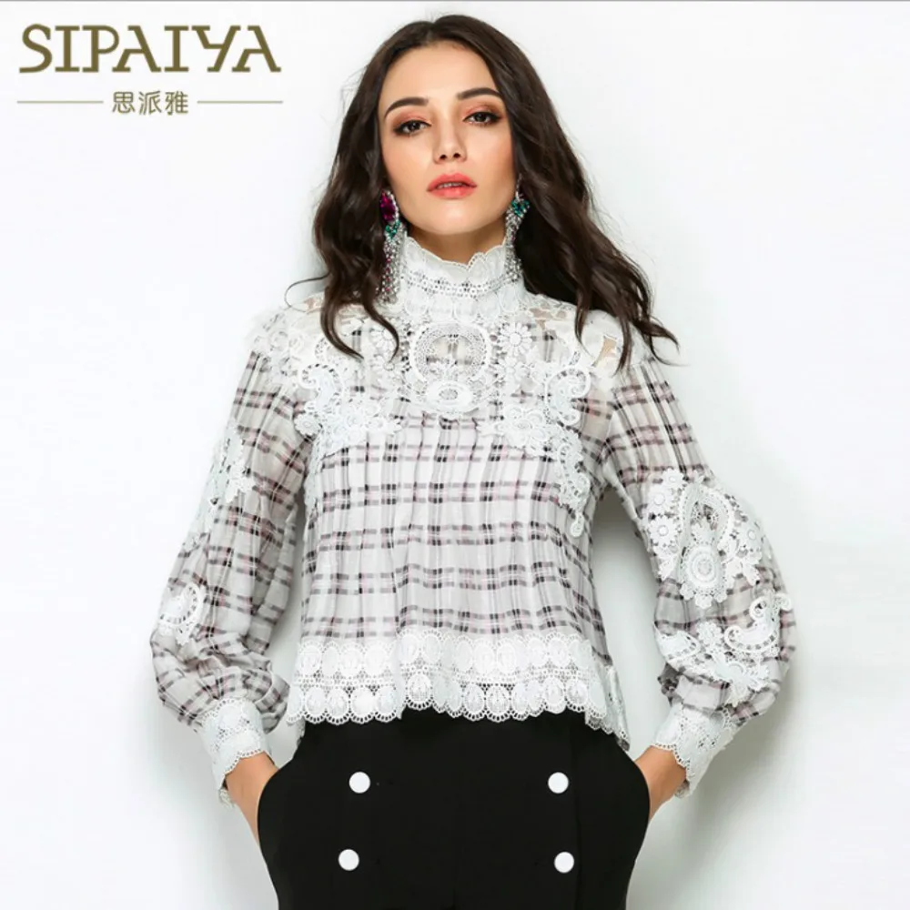 

Fashion Women's Blouses Plaid Chiffon Lace Patchwork 2017 Autumn Summer Feminine Shirts High Quality Runway Tops In Europe Style