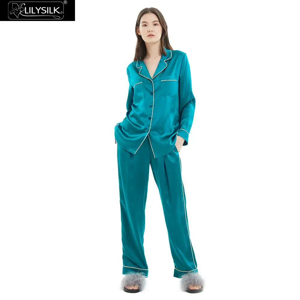 Dark Teal LilySilk набор пижам с золотым окантованным шелком для женщин Полная длина чистый 100 шелк 22 momme Mulberry - Цвет: Dark Teal