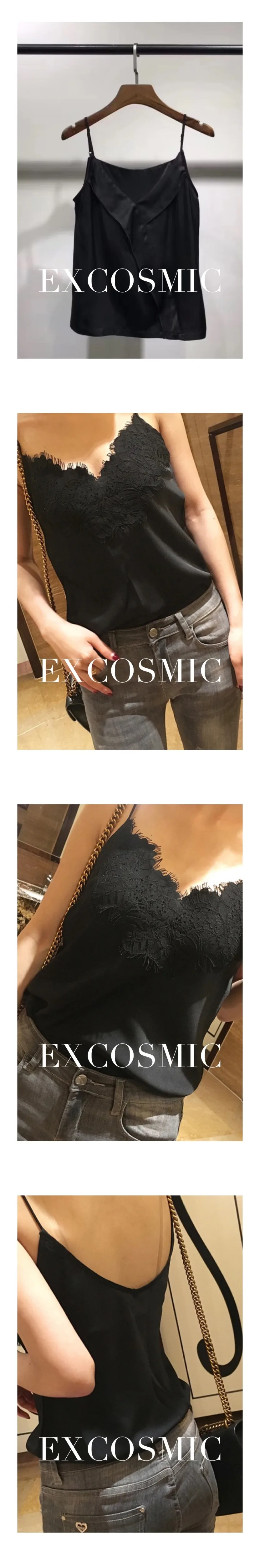 EXCOSMIC, сексуальные кружевные женские майки, женские шелковые топы без рукавов с v-образным вырезом, Женская майка на бретелях, женская тонкая летняя одежда