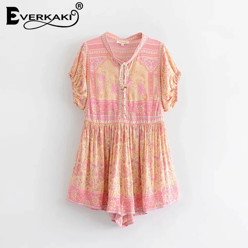 Everkaki Gypsy комбинезоны Boho с цветочным принтом Короткие Комбинезоны богемные для