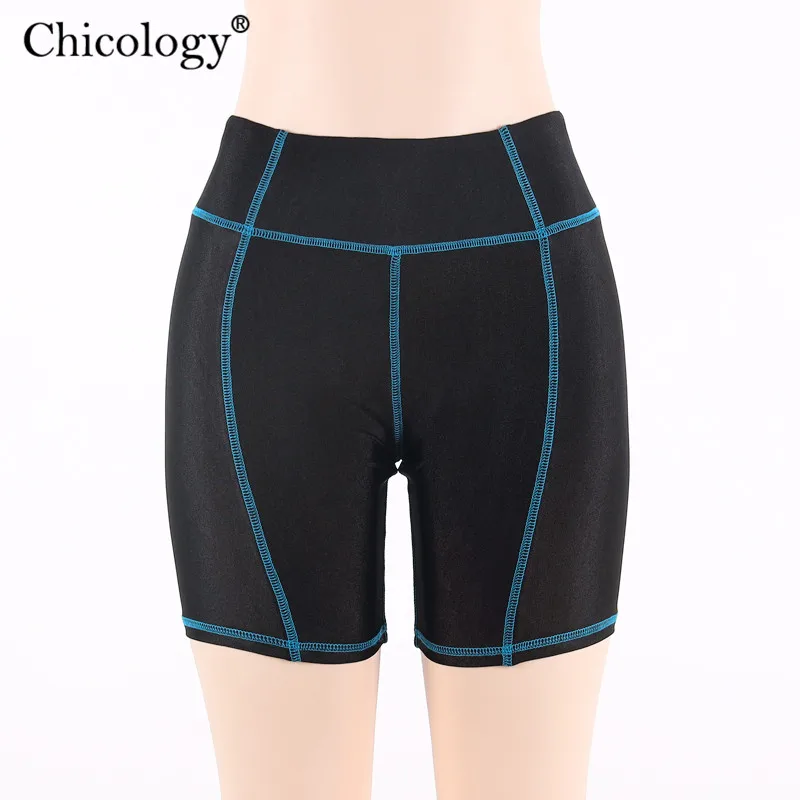 Chicology patchwork neon stripe women biker short 2019 summer female high waist sporting clothing sexy lady streetwear trousers | Женская