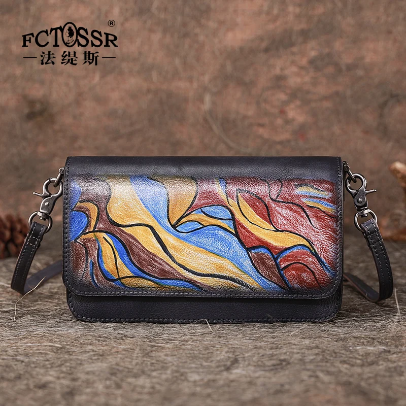 

New Retro Small Square Bag Wild Simple Mini Shoulder Bag Female Handmade Cow Leather Messenger Bag Hand Draw Pattern Women Bag