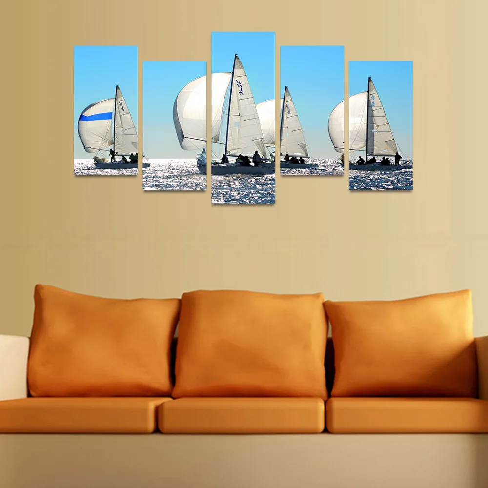 5 Panels Canvas Print White Sail boat on Ocean Painting Wall Art Picture Home Decoration SEA01417 |