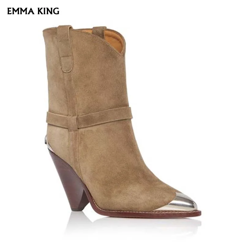 Замшевые Сапоги женские ковбойские сапоги с острым носком и металлическим