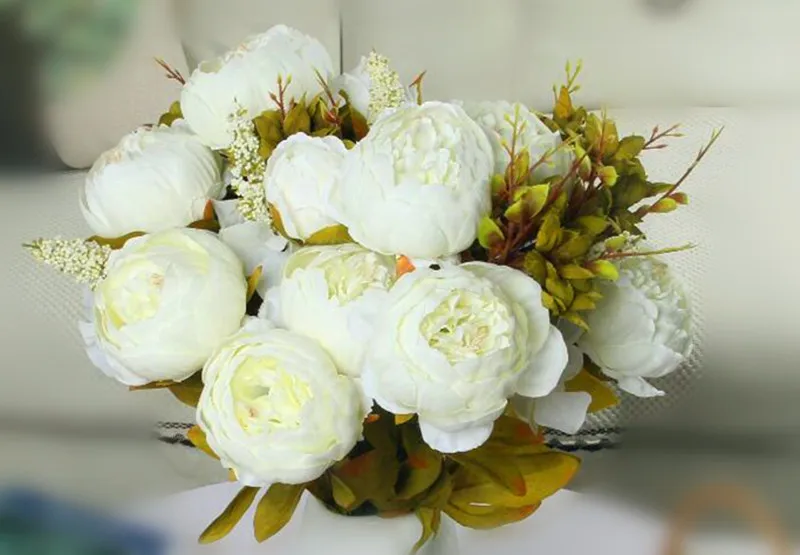 13 heads White 1 букет, 13 голов, Искусственный Пион, Шелковый цветок, искусственные цветы, осень, яркий пион, Искусственный лист, свадебное украшение для дома, вечеринки, Рождества - Цвет: 13 heads White