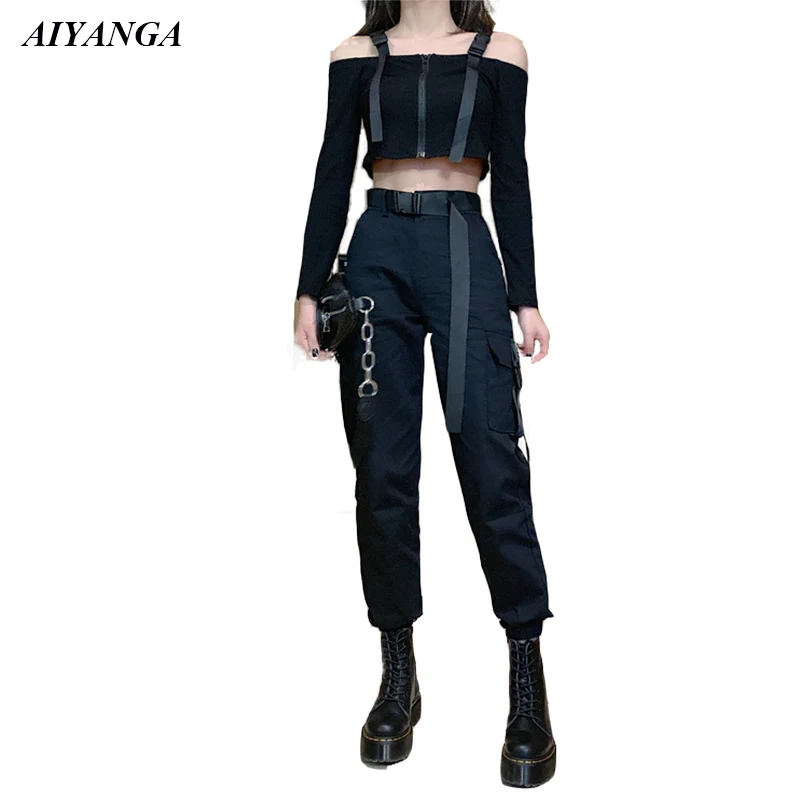 

Black Gothic Women Sets 2021 Spring Summer 2 Piece Set Sexy Crop Top Cargo Pants High Waist Trousers Hip Hop Women's clothing