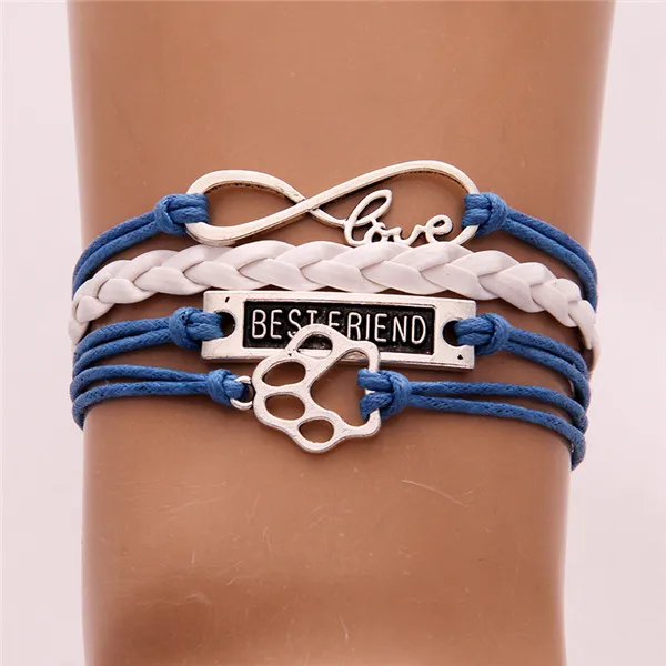 Бесконечная любовь ПЭТ амулет лапа плетеный браслет Bestfriend Кожа обертывание веревки браслеты и браслеты для женщин мужчин ювелирные изделия Прямая поставка - Окраска металла: blue white
