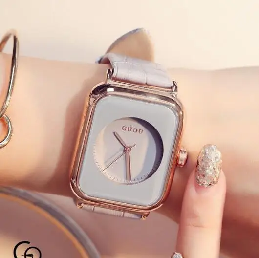 Серый Женские часы-браслет GUOU, модные женские часы, роскошные часы reloj mujer, часы для женщин, кожаные часы для женщин, relogio saat - Цвет: Серый