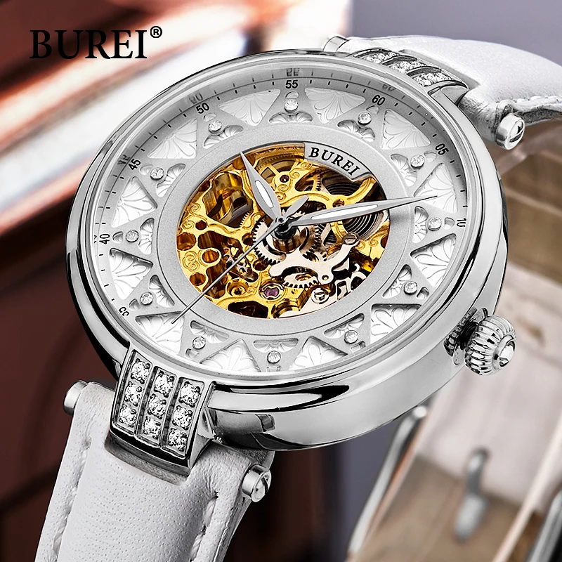 BUREI женской моды сапфир платье часы роскошные скелет из натуральной кожи