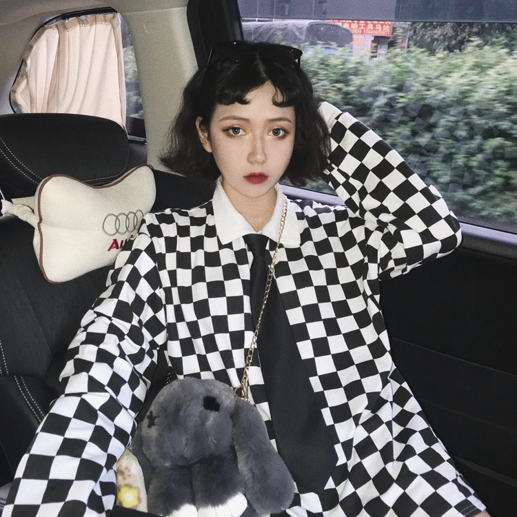 Новинка, Ulzzang Harajuku, корейский бойфренд, свободная рубашка поло с длинным рукавом, черная и белая клетчатая футболка, женские топы, футболки, одежда