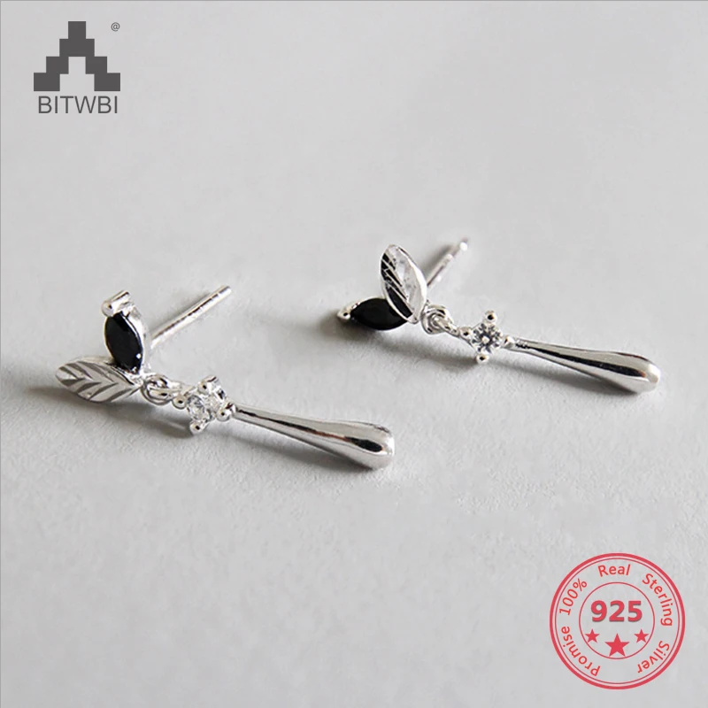 

2019 Black Zircon Leaf Earrings Real 925 Sterling Silver Fine Gemstones Jewelry for Women Trendy Dangle Earrings