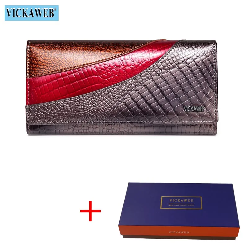 Gray Wallet and Box VICKAWEB кошелек женский в стиле пэчворк с длинными Для женщин кошельки из натуральной кожи кошельки женские Винтаж с застежкой-молнией из кожи аллигатора Стандартный кошельки - Цвет: Gray Wallet and Box