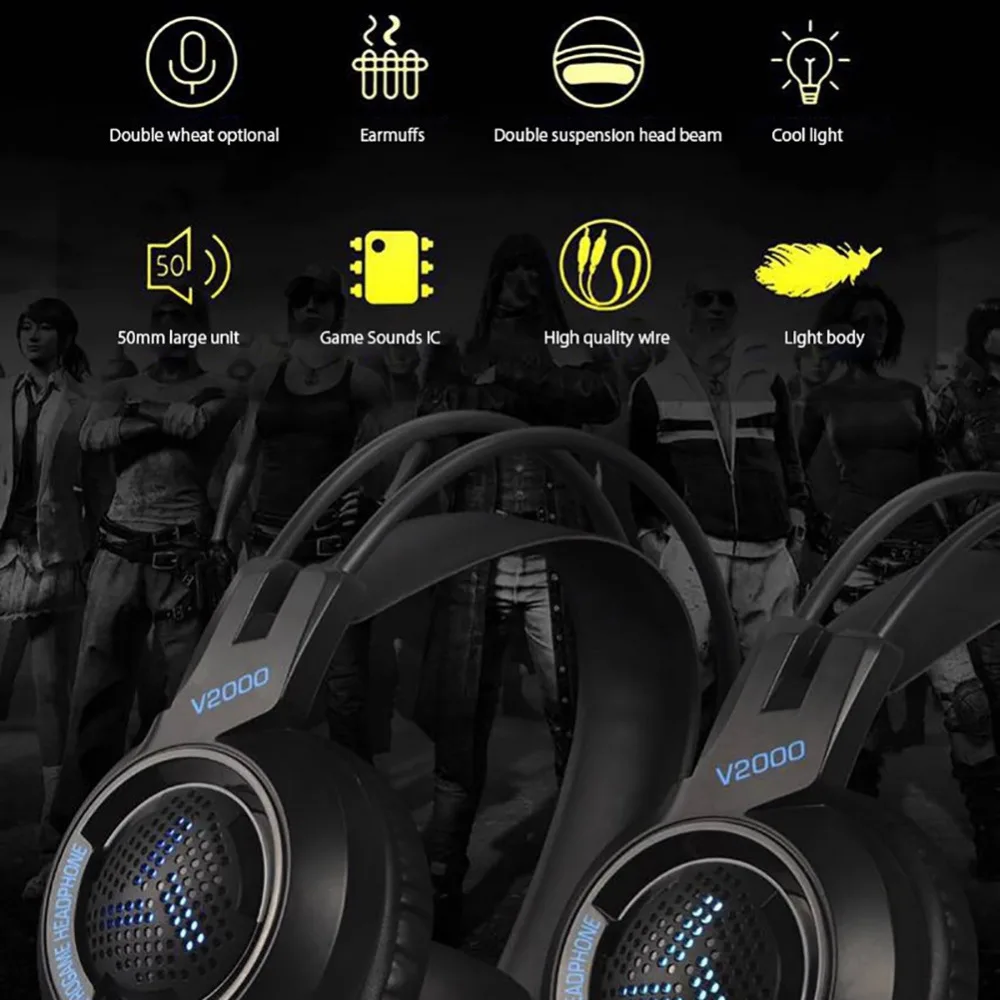 V2000 гарнитуры с светодиодный глубокий бас портативный оголовье проводное Стерео