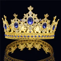 gorgeous vintage baroque gold queen king tiara crown for bridal wedding hair jewelry metal blue crystal round diadem ornaments