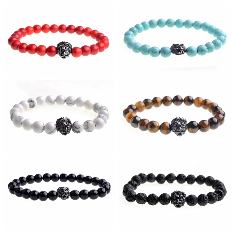 ASHMTIA 2019 натуральный Howlite камень бусины Эластичный Браслет W/Золотой голова льва