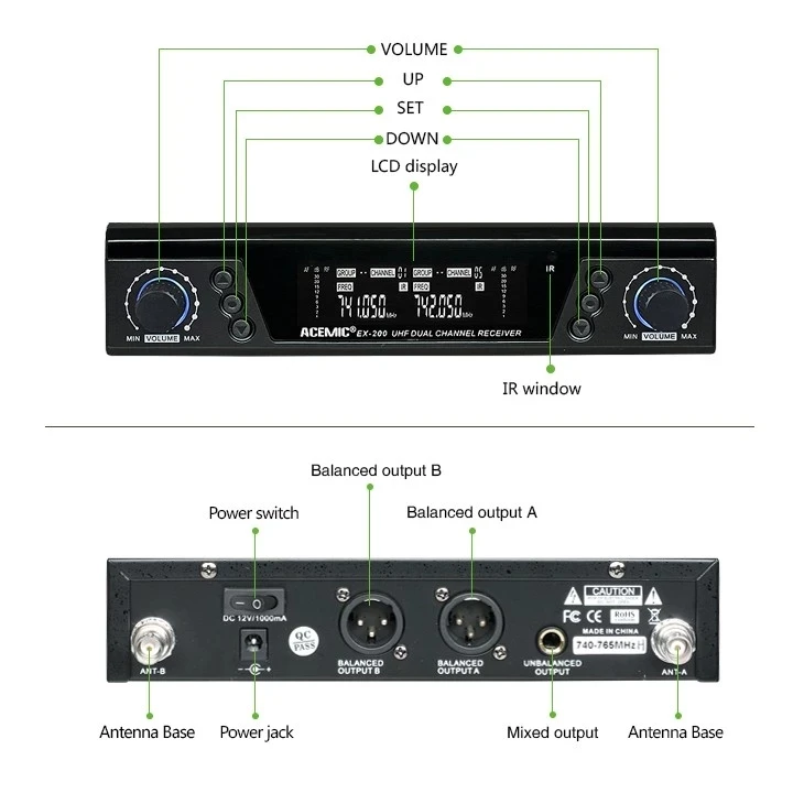 Беспроводная микрофонная система acic EX 200 UHF Pro Dual 150M 2 канала для сцены караоке