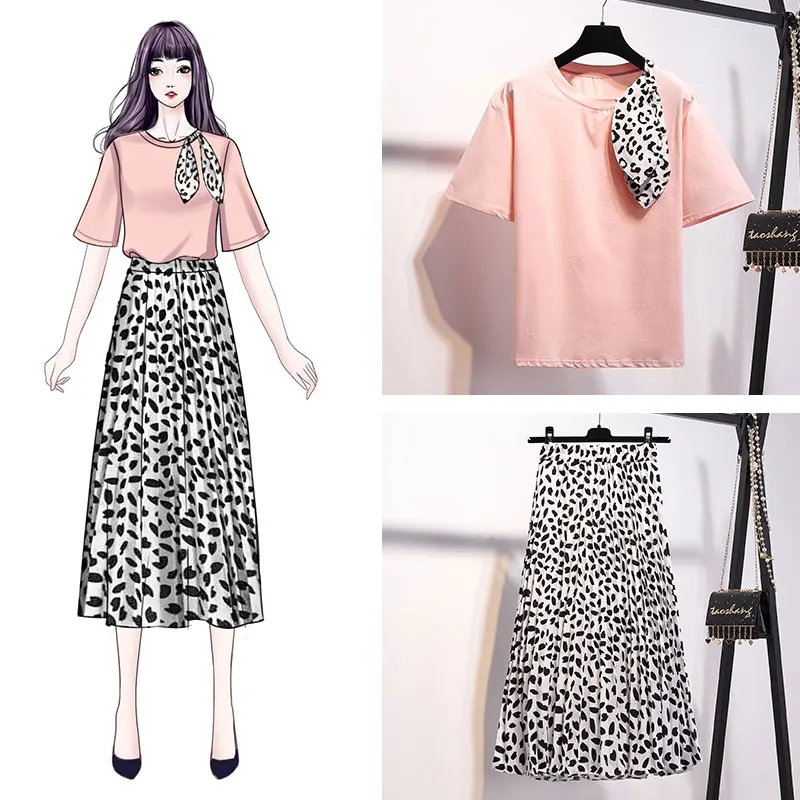 MUMUZI 2019 новая белая футболка и леопардовая плиссированная юбка наряды женский